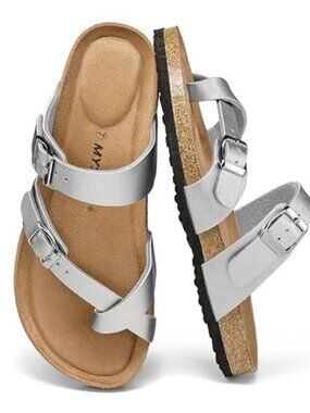 Women's Cork Footbed Sandals Double Adjustable Buckle Slide Sandals Slip